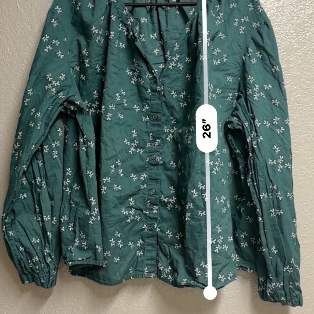 A.N.A - Button Front Hunter Green and White Print Long Sleeve